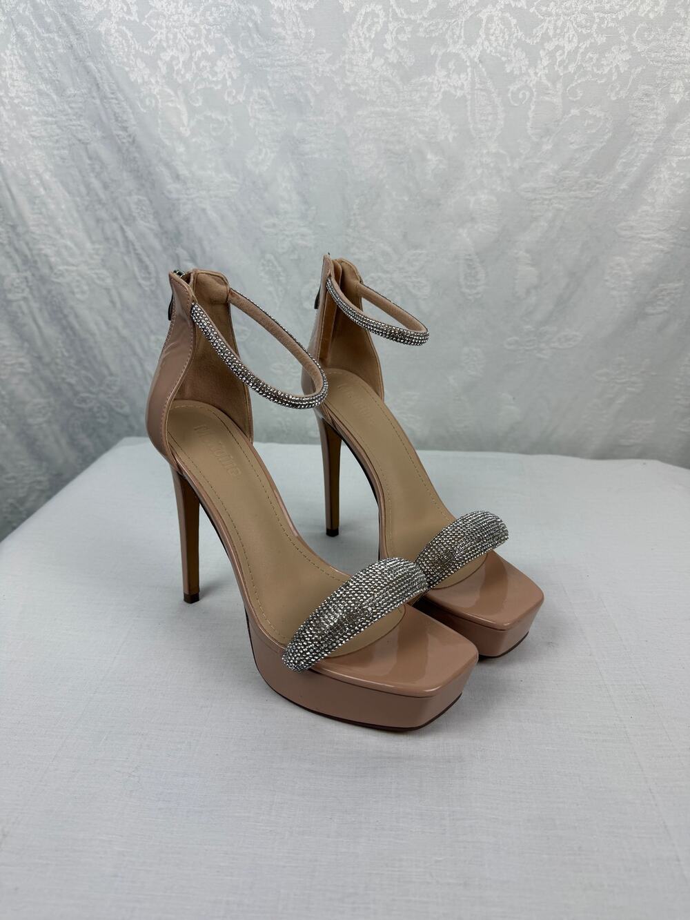 Mekoine Nude Rhinestone Platform Ankle Strap Heels Size 39